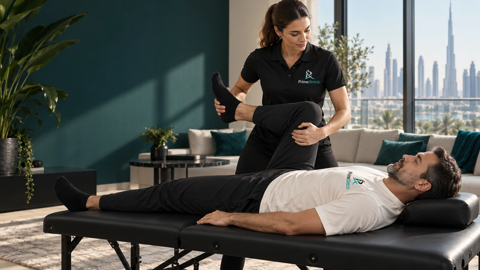 PrimeStretch campaign concept: a coach and client in branded sportswear during assisted stretching at home